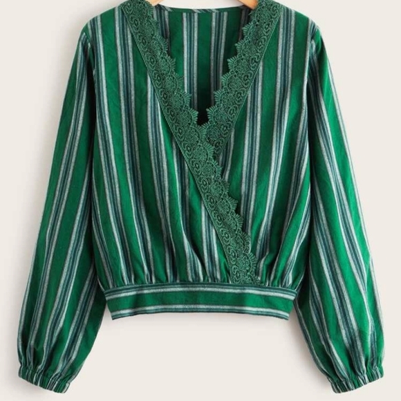 SHEIN Tops - Lace Panel Surplice V Neck Striped Blouse